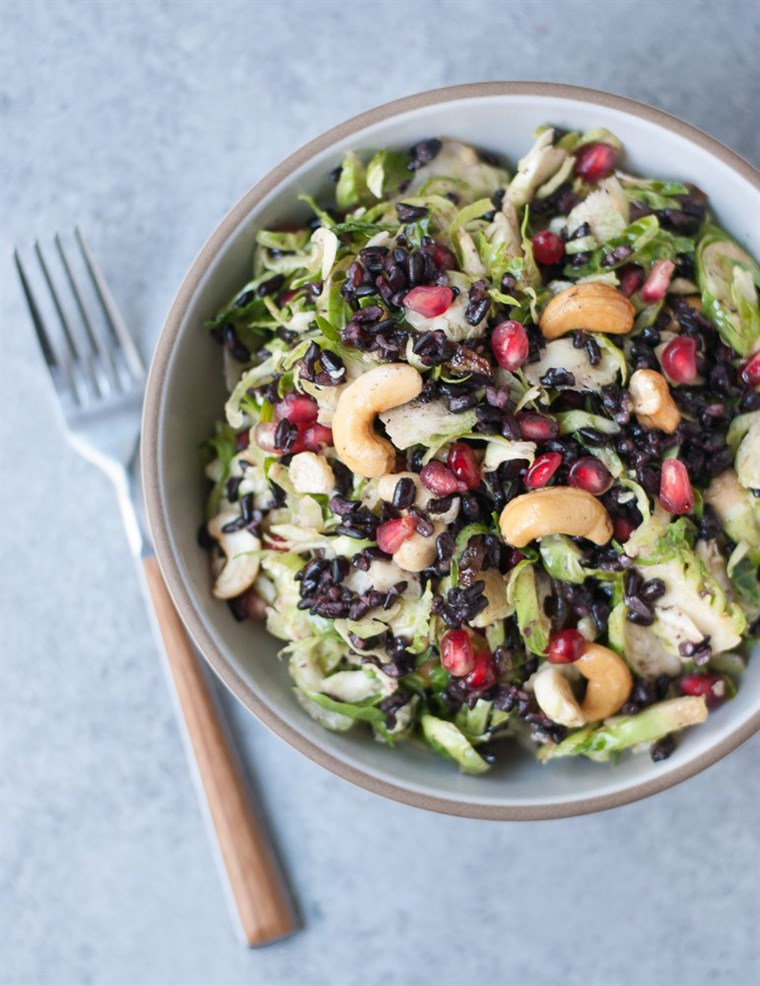 Rakad Brussels Sprouts Salad with Black Rice, Dates and Cashews recipe