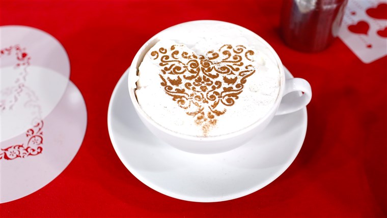 Justin Chapple shows off an easy way to decorate hot cocoa and cappuccino for Valentine's Day