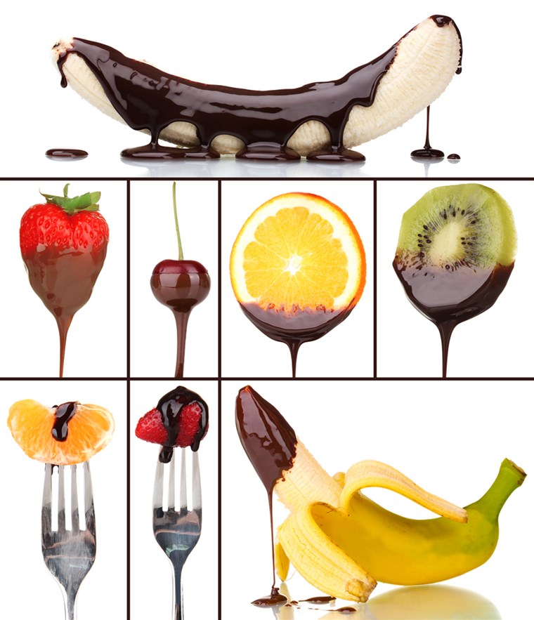 Gustos dessert collage - fruits with chocolate isolated on white; Shutterstock ID 210879736; PO: today.com