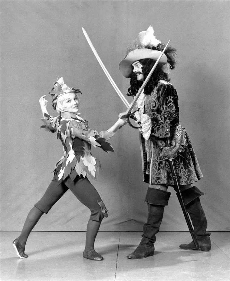 Цатхи Rigby went from the Olympics to playing Peter Pan and fighting with Captain Hook in 1974.