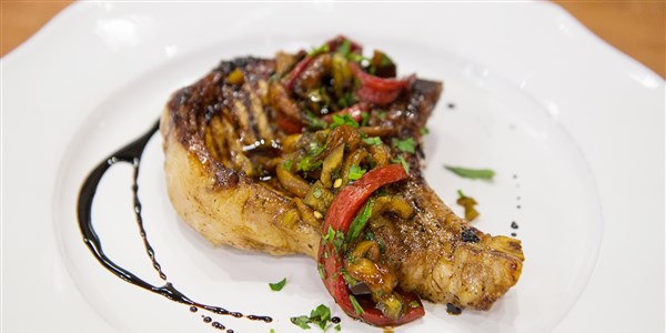 Bobby Flay's Grilled Balsamic Pork Chops with Peppers
