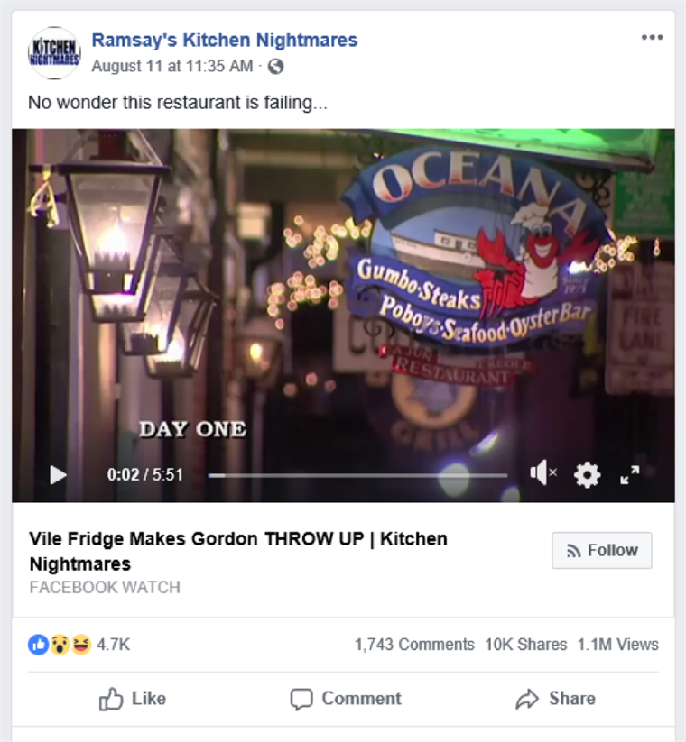 en screen shot from Ramsay's Kitchen Nightmares' Facebook post, which has since been removed from the page.