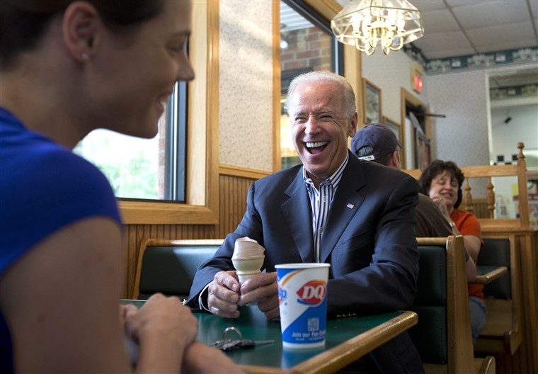 Вице President Joe Biden talks with Lisa McIntosh of Lewisburg, Ohio, as he stops for an ice cream cone at a Dairy Queen, Saturday, Sept. 8, 2012, in ...
