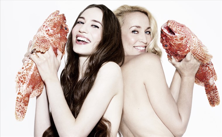 Modelis Lizzy Jagger and mother Jerry Hall pose with dead tuna for Fishlove, an organization devoted to making a stand against overfishing.