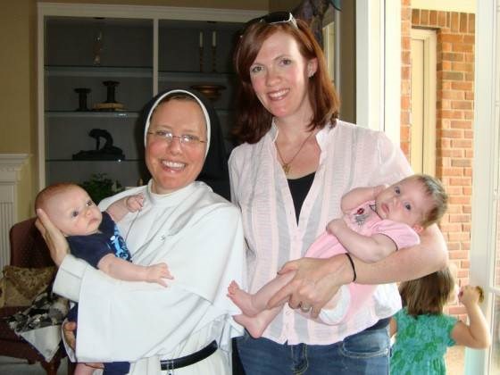 Виси у' with my sister: Jennifer Fulwiler with Sister Elizabeth Ann, one of the Sisters of Mary, Mother of the Eucharist (I’m the one in the pink shirt, Jennifer adds helpfully).