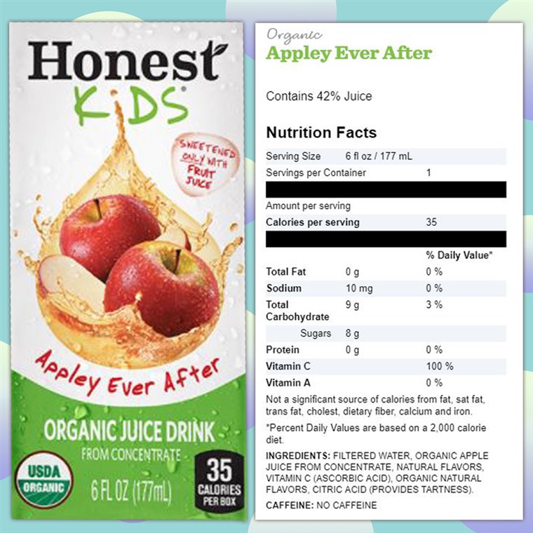Ärliga Kids apple juice nutrition label