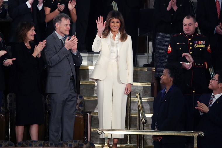 Trumf wore a white pantsuit to her husband's first State of the Union address in January 2018. 