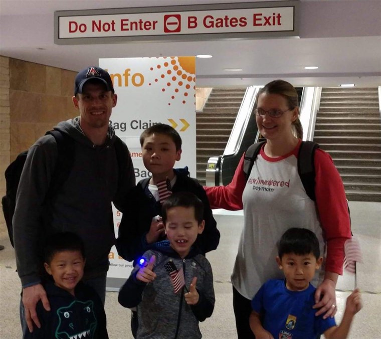 De Smith family returning home from their most recent trip to China in March 2023.