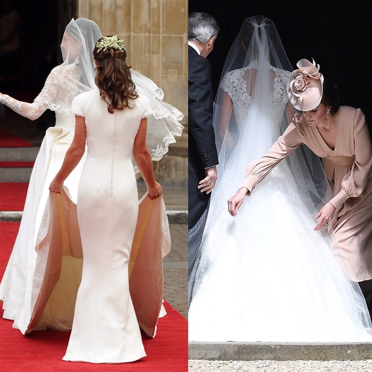 pippa Middleton adjusting the train on the wedding gown of her sister, the Duchess of Cambridge in 2011, and the Duchess returning the favor for her sister in 2023.