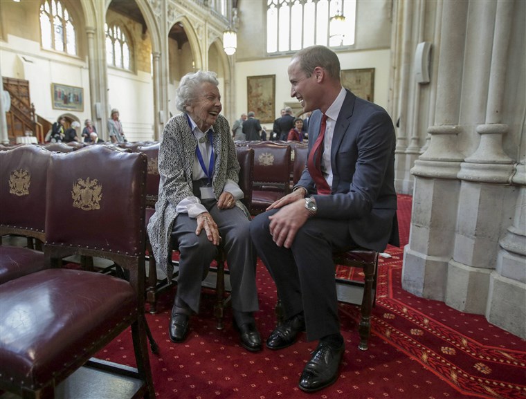 Princas William meets Iris Orrell, aged 98, who received an Orphans Medallion during a Metropolitan and City Police Orphans Fund reception, at the Guildhall, London.
