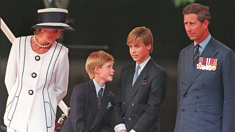 Princesė Diana, Prince Harry, Prince William and Prince Charles gather for the commemorations of V-J Day in 1995.