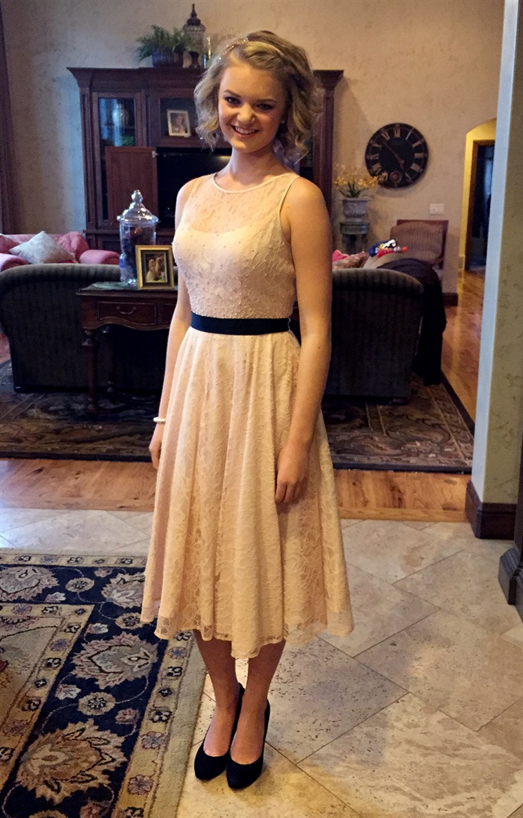 А school official said this dress worn at a Utah school dance by Gabi Finlayson violated dress code rules about shoulder strap width.