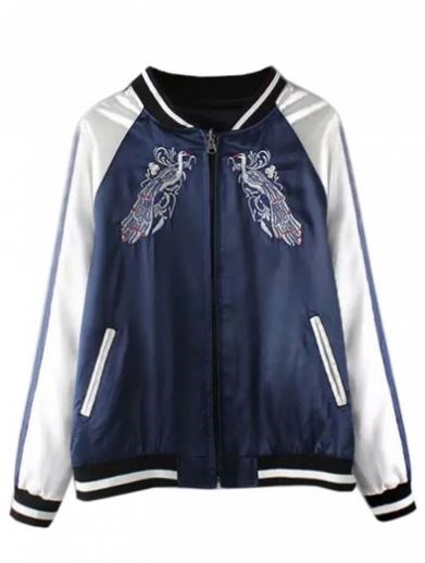 АБАДАИ blue embroidery bird contrast sleeve bomber jacket