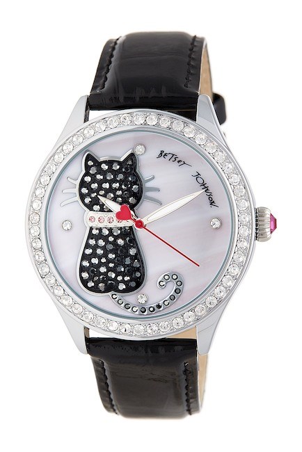 Betsey Johnson Women's Cat Crystal Embossed Leather Watch