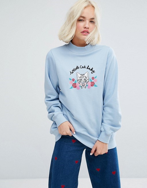 Lazy Oaf High Neck Sweatshirt With Weird Cat Lady Embroidery