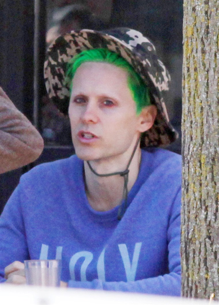 Јаред Leto seen out for the first time in public sporting green hair for his role as The Joker in 'Suicide Squad'