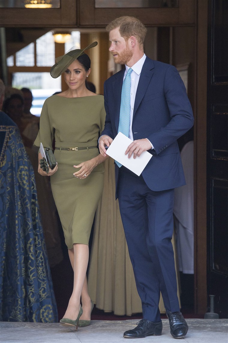 Marea Britanie's Prince Harry and Meghan Duchess of Sussex leave after the christening service of Prince Louis at the Chapel Royal, St James's Palace, London, Monday, July 9, 2023.