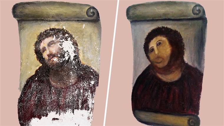20-oji century Ecce Homo-style fresco of Christ , left and the 'restored' version, at right.