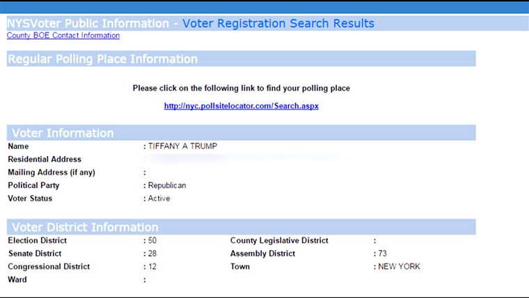 Tiffany Trump's registration status in New York. 