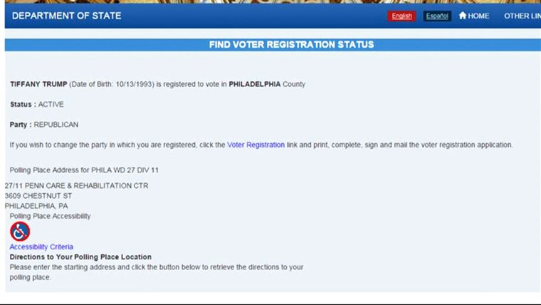 Tiffany Trump's registration status in Pennsylvania. 