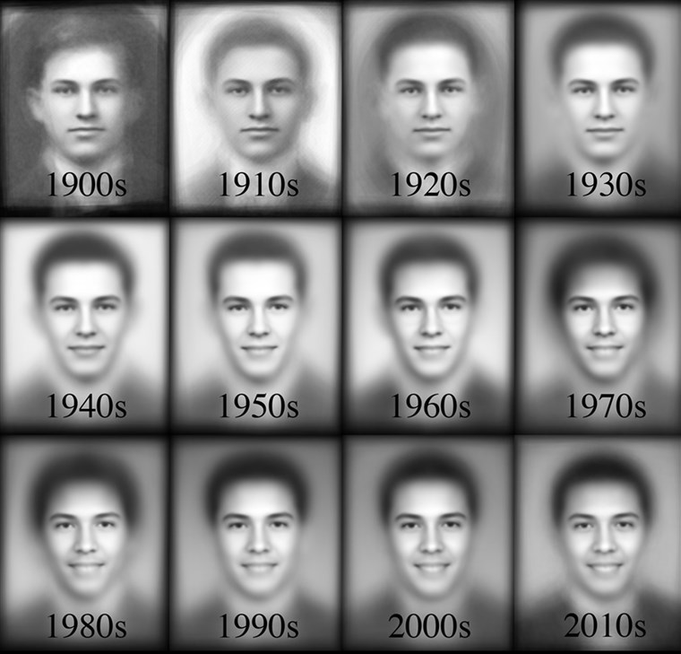 De composite images of boys' yearbook photos by decade.