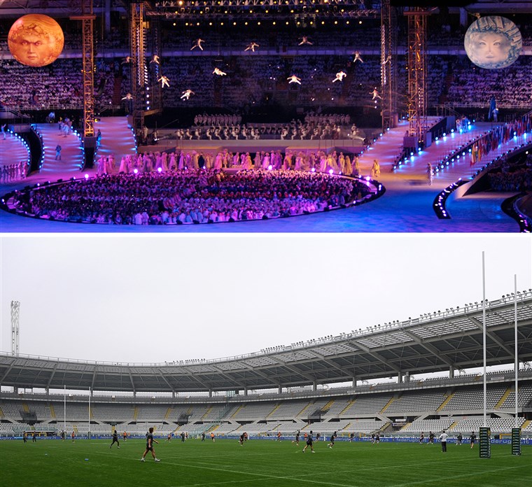 The Opening Ceremony of the 2006 Torino Games (top), and the stadium in 2013, used for a rugby match.