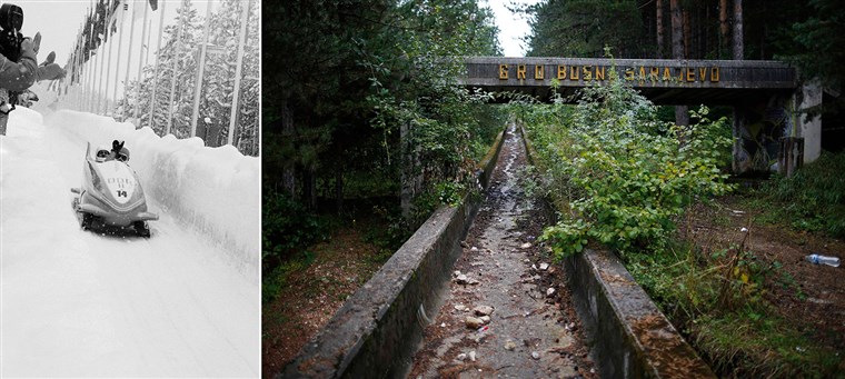 Haunting side-by-side images shows German competitors (left) during the Games in Sarajevo, 1984, compared with the same bobsled track in disrepair. 