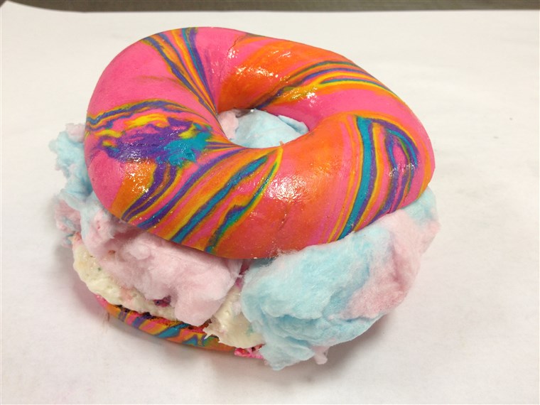 Curcubeu Bagel with Rainbow Sprinkle Cake Cream Cheese and Cotton Candy from Brooklyn's The Bagel Store